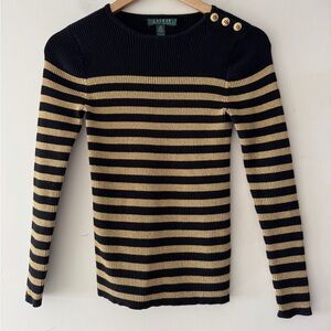 Lauren Ralph Lauren Women’s Black & Metalic Gold Ribbed Sweater Button Detail